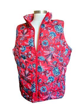 Lands End Womens 1X Red Floral Puffer Vest 16W-18W Insulated JJ4373